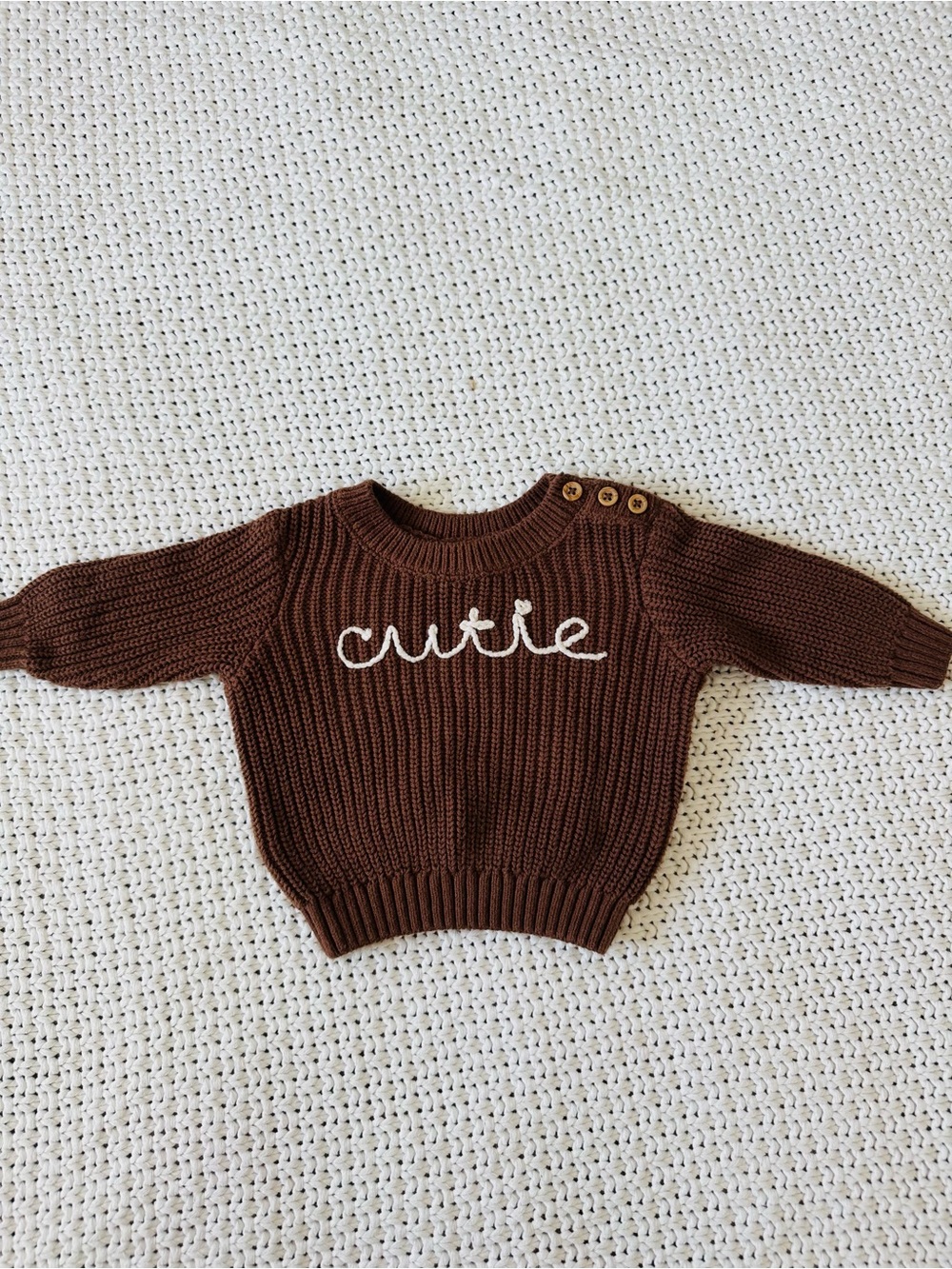 Greyson Brown Crewneck Sweater with 'cutie' Embroidery